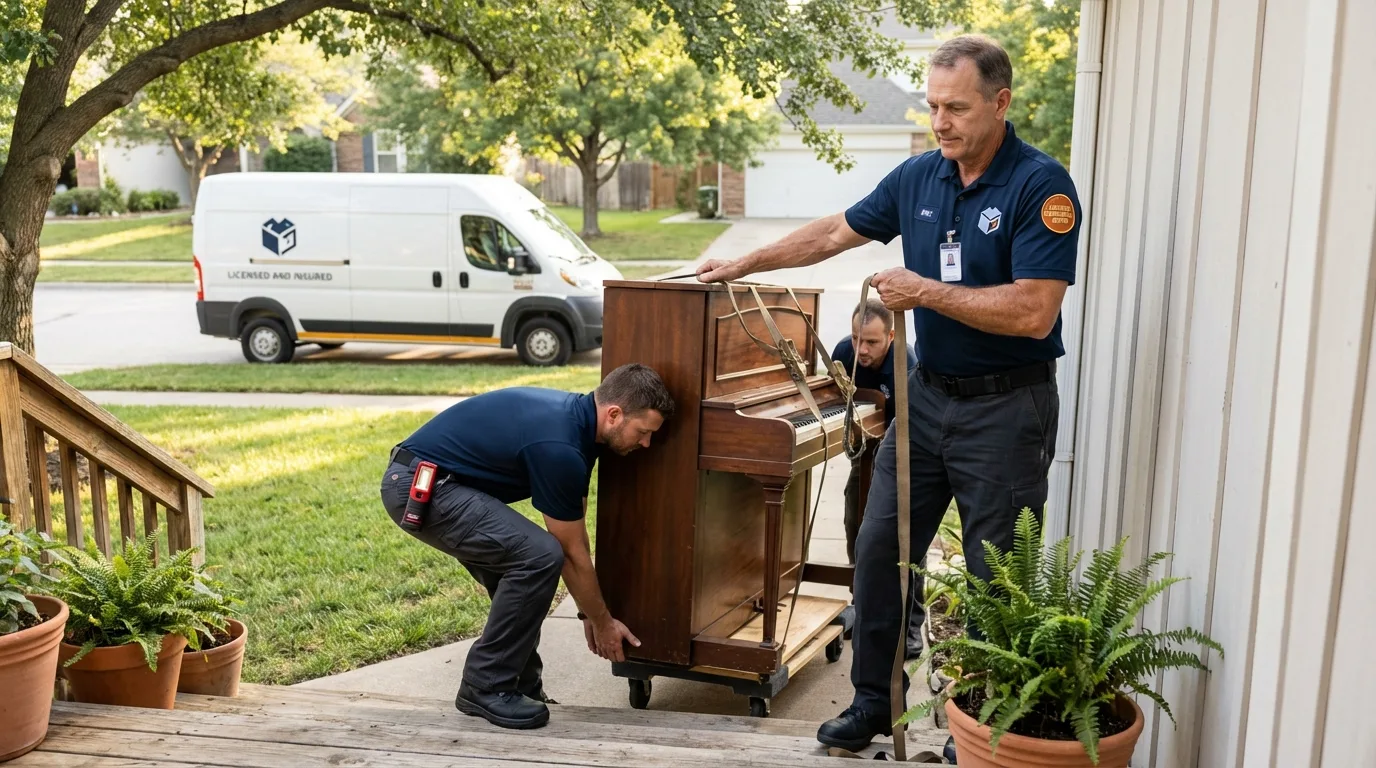 Licensed piano movers securing grand piano in Rochester, NH