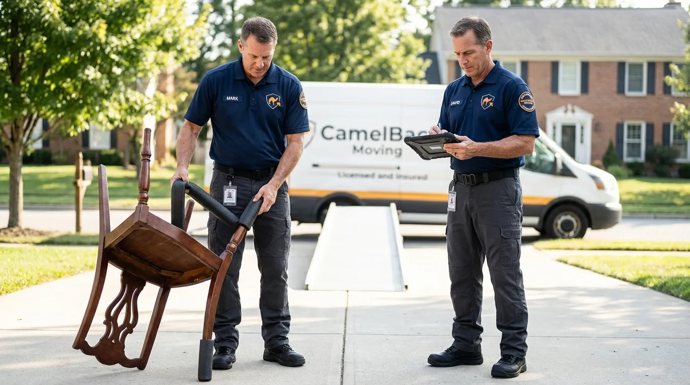 Movers inspecting furniture for damage prevention before loading in Rochester, NH