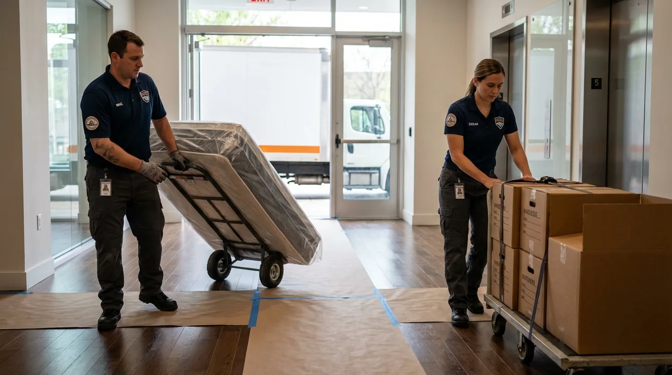 Professional apartment movers loading elevator in Rochester, NH
