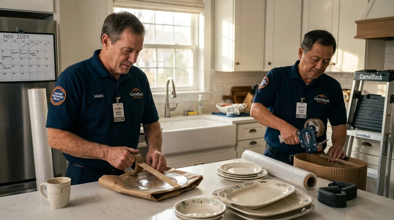 Professional crew packing kitchen dishware in Rochester, NH